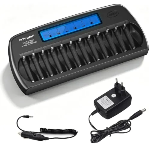 CITYORK AA AAA Akku Ladegerät 12 Slots, LCD Batterie ladegerät für AA/AAA NI-MH NI-CD Wiederaufladbar Batterien mit Entladung sowie integriertem IC-Schutz und Netzteil