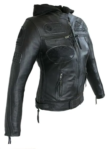 Damen Motorradjacke Lederjacke Damen Jacke mit Protektoren Lederjacke mit Kapuze Leather Jacket Biker Jacket Custom Jacke (DE/NL/SE/PL, Alphanumerisch, 3XL, Regular, Regular, Schwarz)