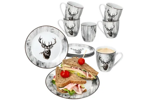MamboCat Kaffeeservice MamboCat Alois 12tlg Frühstücksset Hirsch Kaffeebecher Teller Landhaus, Porzellan