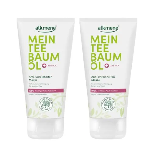 alkmene 2x Teebaumöl Maske gegen Pickel, Mitesser & Unreinheiten vegan 75 ml - 100% bestätigen Pickel Reduktion - Gesichtsmaske Männer & Frauen, Gesichtsmaske Mitesser Maske Männer, Anti Pickel