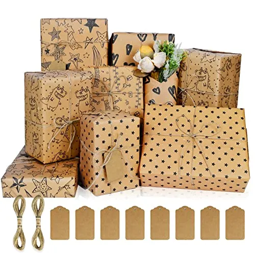 Öko Geschenkpapier Set - Kraftpapier für Geburtstag, Kinder, Mädchen, Männer, Jungen, Frauen - Bunt Natur Geburtstagspapier Mit Tags und Schnur