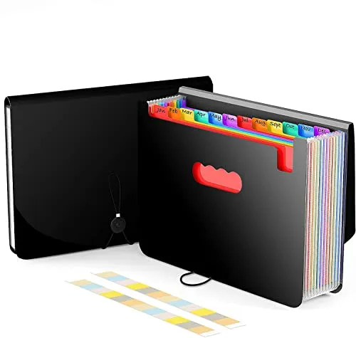 Amaza Akkordeon-Ordner, 12 Fächer aus Kunststoff, A4, hohe Kapazität, tragbar, ausziehbar, zum Aufbewahren und Transportieren von Dokumenten (Schwarz)