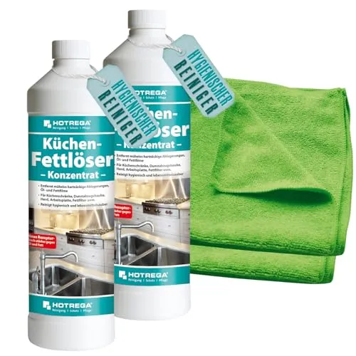 HOTREGA Küchen Fettlöser Konzentrat Set 4-teilig - Effektiver Hygiene-Reiniger für die Küche, entfernt hartnäckige Fettablagerungen und sorgt für streifenfreie Sauberkeit. Inklusive 4-farbigem Reinigungssystem für optimale Hygiene.