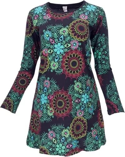 Guru-Shop Midikleid Besticktes Boho Chic - Stylisches Midikleid in grün und schwarz aus 100% Baumwolle. Perfekt für lässige Anlässe, mit Rundhalsausschnitt und langen Ärmeln für einen trendigen Look.
