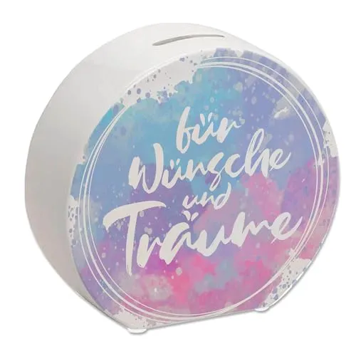 Spardose aus Keramik mit schönem Wasserfarbendesign und Aufschrift - Für Wünsche und Träume als stilvolle Geschenkidee für den Ehepartner das Kind oder Freunde die große Träume
