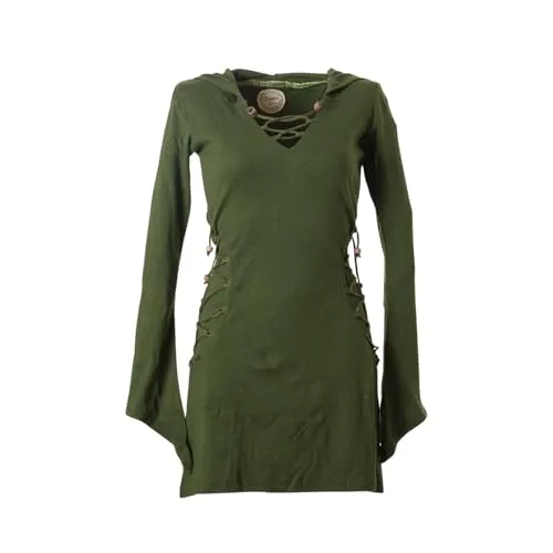 Vishes Elfenkleid mit Zipfelkapuze & Schnürbändern in Olive | Größe 2XL (48) | Handgefertigt aus 100% Baumwolle | Ideal für Herbst & Frühjahr | Nachhaltige Alternative Bekleidung