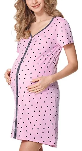 Be Mammy Damen Umstands Nachthemd Kurz Arm mit Stillfunktion BE20-275 (RosaPunkte (Graphite), XXL)