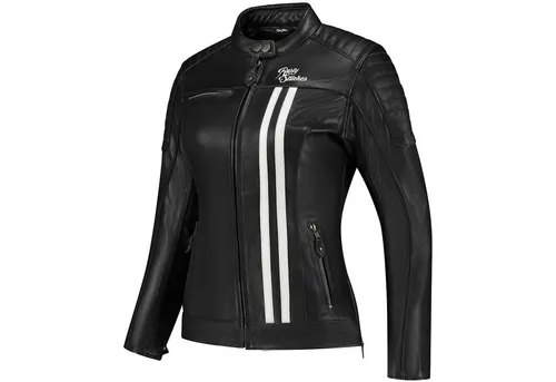 Rusty Stitches Alice Lederjacke Schwarz / Weiss Damen 40 - Funktionsjacke mit Retro-Look, ausgestattet mit Protektoren für Sicherheit und Komfort. Ideal für stilbewusste Bikerinnen, die Wert auf moderne Sicherheitsfunktionen legen.
