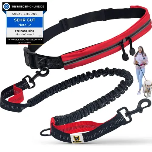 Hundefreund Joggingleine mit Bauchgurt Rot - Klassische Hundeleinen mit elastischer Ruckdämpfung für mehr Komfort beim Joggen und Radfahren. Reflektoren sorgen für Sicherheit bei Dunkelheit und der Bauchgurt bietet Stauraum für wichtige Dinge.