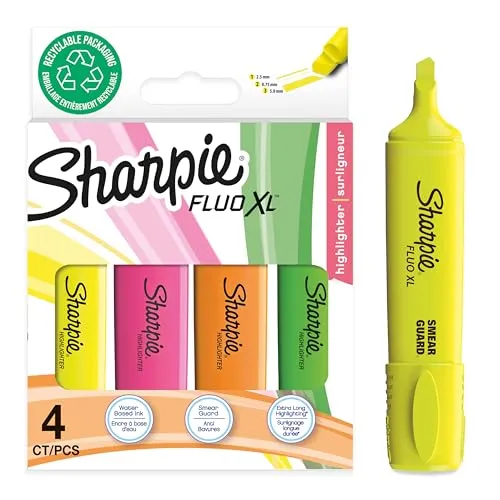 Sharpie Fluo XL Textmarker | Keilspitze | verschiedene leuchtende fluoreszierende Farben | 4 Stück Textmarker Set