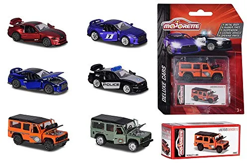Majorette Deluxe Assortment, Die-Cast Fahrzeug, inkl. Sammelbox, Gummireifen, Freilauf, Miniaturfahrzeuge, Spielzeugauto aus Metall, 6 versch. Modelle, Lieferung: 1 Stück, zufällige Auswahl, 7,5 cm