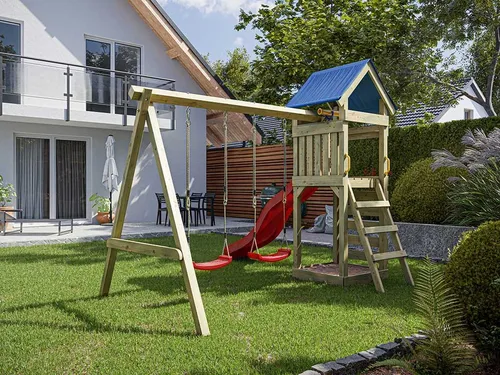Spielturm Spielhaus Stelzenhaus Holz mit Doppelschaukel rote Rutsche Sandkasten