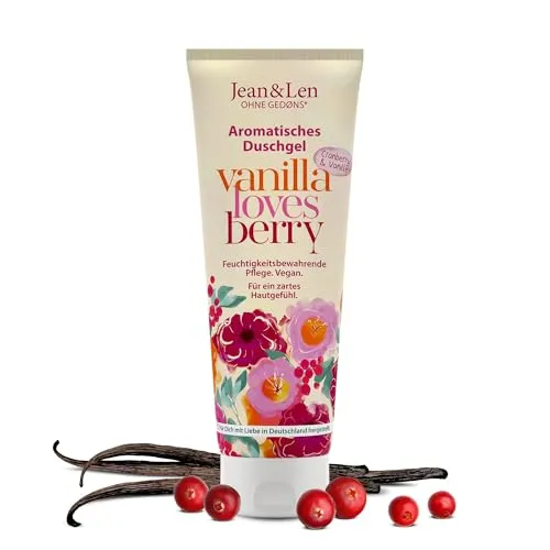 Produktbild Jean & Len Duschgel Cranberry & Vanille, pH-hautideal, belebendes Duscherlebnis, mit Cranberry- und Vanille-Extrakt, für weiche Haut, veganes Duschgel, ohne Parabene & Silikone, 250 ml