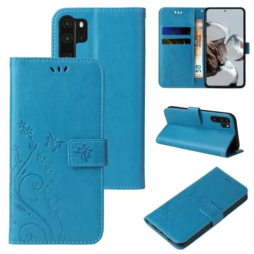 LBH Handy Hülle für Huawei P30 Pro Case Handytasche Schmetterling Blumen Flower Standfunktion Schutzhülle Magnet Rundum Schutz 360 Grad Flipcase Cover Blau