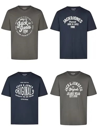 Jack & Jones T-Shirt Herren Regular Fit JJLINO 4er Pack - Herren-Shirts im praktischen 4er-Pack aus 100% Baumwolle, atmungsaktiv und ideal für Sommer, Freizeit oder Sport. Erhältlich in vielen Farben und Größen bis 3XL.