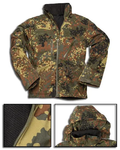 Softshell Jacke SCU 14 flecktarn - Einsatzjacke für Outdoor-Abenteuer - Funktionsjacke in Größe L, ideal für vielseitige Einsätze bei jedem Wetter und bietet optimalen Schutz und Bewegungsfreiheit.