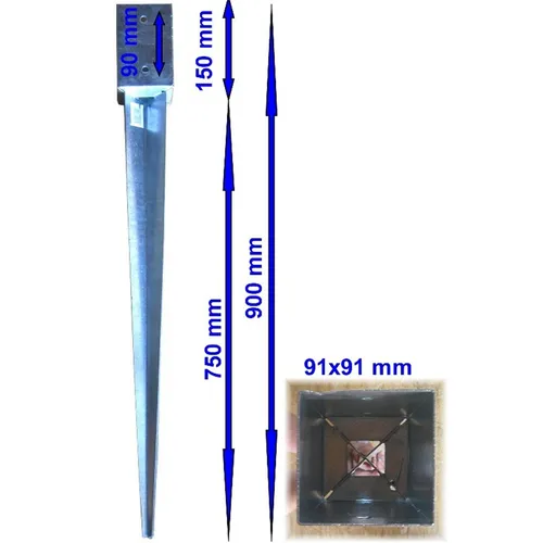Einschlagbodenhülse 91x91x900mm Bodenhülse Pfostenträger Pfostenanker Bodenanker