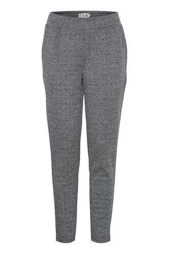 ICHI IHKATE Jacquard Damen Hose Stoffhose mit Eingrifftaschen Paspeltaschen Gummizug leicht elastisch Regular fit, Größe:XXL, Farbe:Black/White Herringbone (203523)