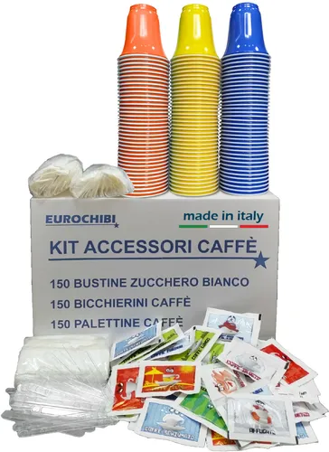 KAFFEE ZUBEHÖR-KIT MIT 150 ZUCKERPAKETE + 150 TASSEN + 150 RÜHRWERKE