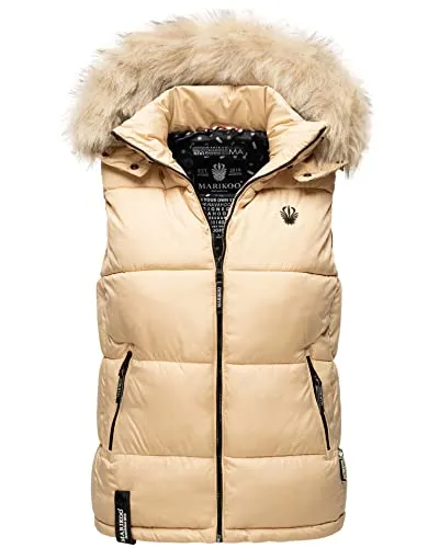 MARIKOO Damen Winter Weste Steppweste mit Kapuze und Fellkragen - Funktionsjacken mit weichem Obermaterial, trendigem Steppdesign und großem Fellkragen, ideal für kalte Tage und mit praktischen Taschen für Ihre Essentials.