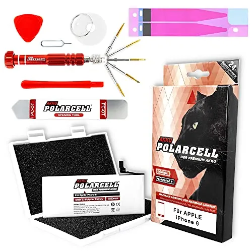 PolarCell Akku für Apple iPhone 6-6G | inklusive Werkzeugset | 2250mAh Starke Ersatz-Batterie | 24% mehr Kapazität als der Original-Akku | A1549 A1586 A1589 | selektierte A+ Qualitätszellen