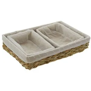 Frank-Flechtwaren Brotkorb Wasserhyazinthe natur, eckig, Stoffeinsatz natur, Set 3 Stück