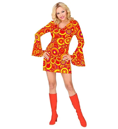 Widmann S.r.l. Kostüm Groovy Girl Minikleid orange - Auffälliges 70er Jahre Minikleid in lebhaftem orange mit geometrischem Muster. Ideal für Mottopartys, Karneval und Fasching. Kombinierbar mit passenden Accessoires für einen unvergesslichen Auftritt!