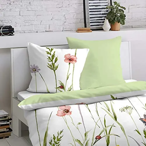 Dormisette Mako-Satin Bettwäsche Sommerwiese - Bettwäsche-Set aus 100% Baumwolle, waschbar bis 60° C und trocknergeeignet, ideal für einen erholsamen Schlaf in frischen Farben.