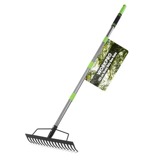 WORKPRO Bogenrechen Garten mit Stiel, 17 Zinken Rechen, Verstellbare & Abnehmbare Harke 86–165 cm, Schwerlast Laubrechen aus Stahl zum Rechen, Nivellieren, Bodenlockern und Unkrautentfernen