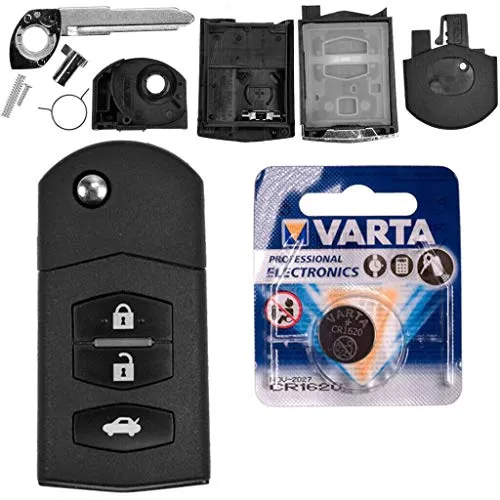 Autoschlüssel Funk Fernbedienung Austausch Gehäuse mit 3 Tasten + Rohling + Batterie kompatibel mit Mazda 2 DE 6 GH CX-7 ER MX-5 NC 3 BL 5 CR B