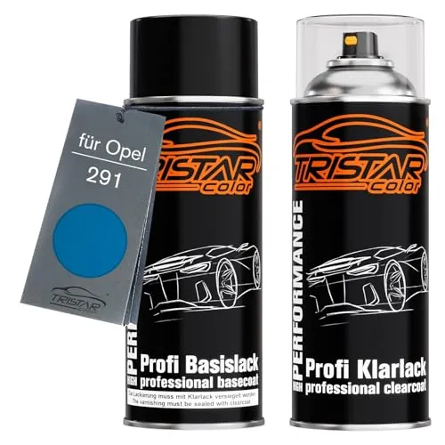 TRISTARcolor Autolack Spraydosen Set für Opel 291 Ardenblau Metallic/Arden Blue Metallic Basislack Klarlack Sprühdose 400ml