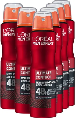 L'Oréal Men Expert Ultimate Control Deospray 6 x 150 ml - Deospray für Männer gegen Stressschweiß, bietet bis zu 48 Stunden zuverlässigen Schutz und ein langanhaltendes Frischegefühl, ideal für den Alltag und sportliche Aktivitäten.