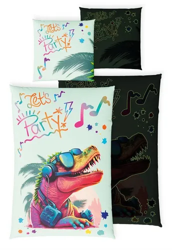 Dino Bettwäsche Glow in the Dark 135x200 - Bettwäsche für Kinder mit Dinosaurier-Motiv, leuchtet im Dunkeln und enthält 10 spannende Spiele für noch mehr Spaß im Kinderzimmer.