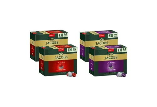 JACOBS Kaffee Lungo 6 Classico & 8 Intenso XXL-Pack - 160 Nespresso®-kompatible Kapseln (832 g) für vollmundigen Genuss. Im praktischen 4er Pack, inklusive 18 Gratis-Kapseln JACOBS Origins 9 Colombia.