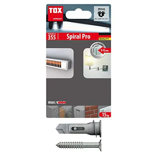 TOX Gipskartondübel Spiral Pro 39-5 + Schraube mit PZ2-Antrieb, Dübellänge 39 mm, für einlagige Gipskartonplatten und Gipsfaserplatten, ohne Vorbohren in Gipskarton, 4 Stück im Blister, 068701051