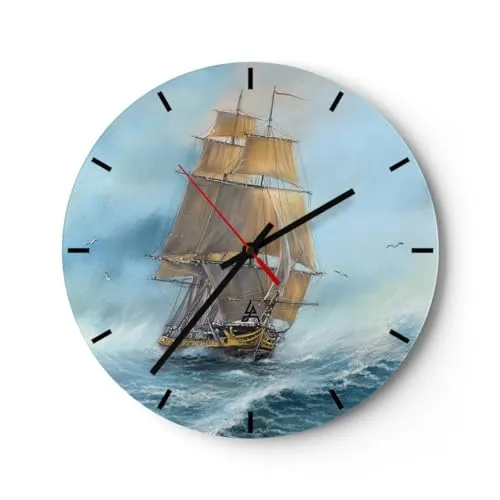 Modern Wanduhr Meer Schiff Nautisch 40x40cm Rund Groß Wand Uhr Glas Analog Zimmeruhren Küche Büro Wohnzimmer Glasuhr Wall Clock Dekoration Design Wanddekoration Küchenuhr C3AR40x40-5541