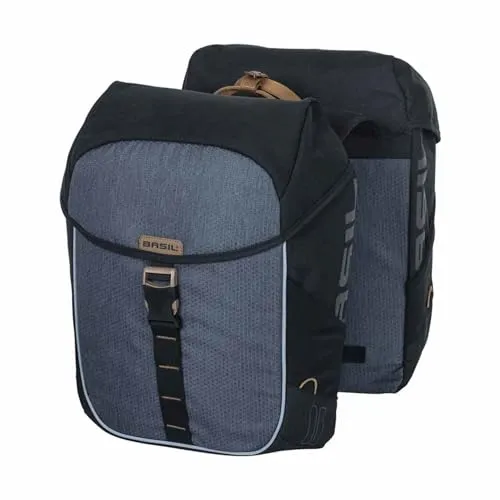 Basil Miles doppelte Fahrradtasche - Fahrradtaschen, geräumige 34 L Kapazität, ideal für Radsportler und Pendler, robustes Polyester-Material in Schwarz/Grau.