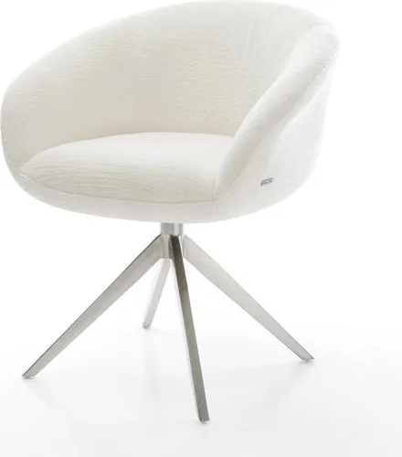 DELIFE Drehstuhl Vinka-Flex mit Armlehnen Bouclé Soft Beige Kreuzgestell breit Edelstahl 360° drehbar Wippfunktion Taschenfederkern