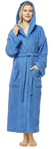 Damen-Bademantel mit Kapuze, knöchellang, Baumwolle, Königsblau - Bademantel für Damen aus 100% Baumwolle, mit Kapuze und zwei großen Taschen. Ideal für Spa, Sauna oder als Morgenmantel, weich und langlebig.