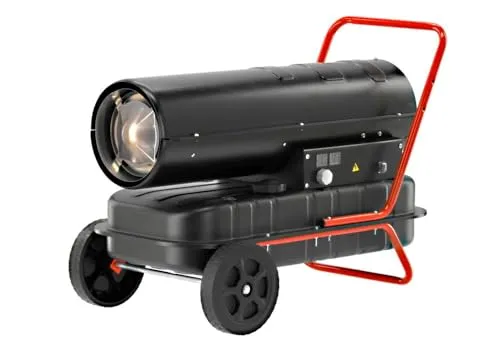 Diesel Heizkanone 30KW - Leistungsstarker Bauheizer mit Thermostat - Heizlüfter für öffentliche Räume, mit 30 kW Heizleistung und 750 m³/h Luftstrom. Ideal zum Trocknen auf Baustellen, effizient und mobil dank 38L Tank und Flammensicherung.