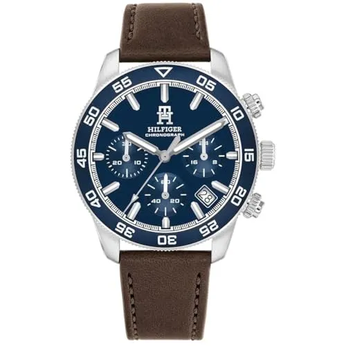 Tommy Hilfiger 1792163 TH85 Chronograph in Blau und Braun für Herren, Quarzuhrwerk, Gehäuse aus Edelstahl, wasserdicht bis 5 ATM, Silber, Riemen