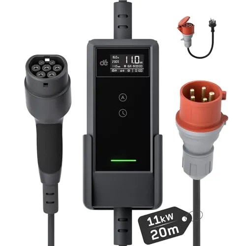 dé Mobile Wallbox 11kW - Flexibles Laden für E-Fahrzeuge - Wallbox 11kW mit 20m Kabel, ideal für Zuhause und unterwegs. 3x schneller als Haushaltsstecker, sicher und einfach einstellbar für verschiedene Fahrzeuge.