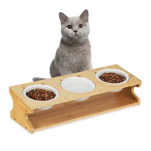 Katzenfutterstation mit 3 Näpfen - Näpfe & Trinkbrunnen: Spülmaschinenfest und rutschfest, ideal für eine saubere und sichere Fütterung Ihrer Katze.