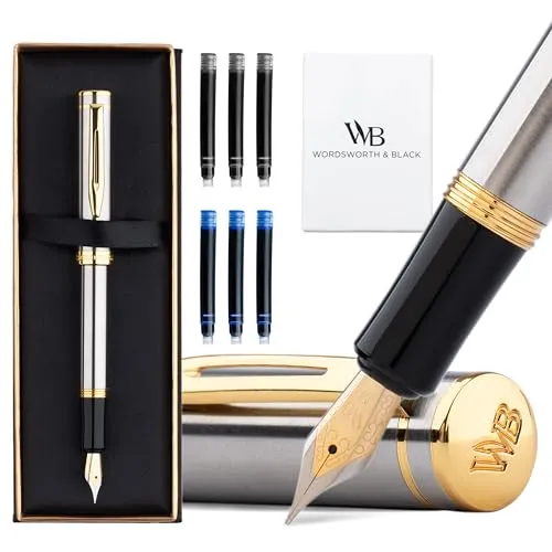 Wordsworth and Black Fountain Pen Mini EDC Silberner Taschenstift, Gold, Mittlere Feder, 6 Tintenpatronen, Tinten-Konverter, Nachfüllbares Stift-Geschenkset, Männer & Frauen