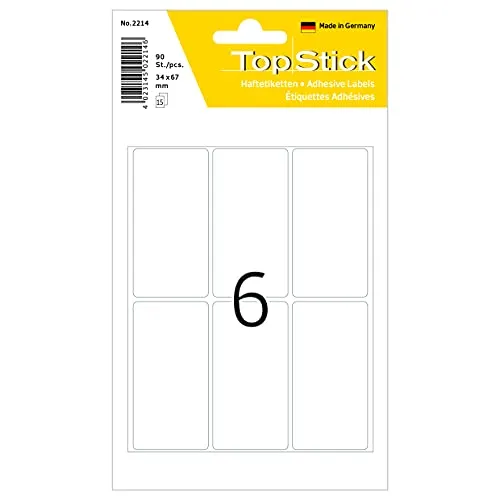 TopStick 2214 Vielzweck-Etiketten, 90 Stück, 34 x 67 mm, 6 pro Bogen, selbstklebend, Haushaltsetiketten zum Beschriften, matt, blanko Papier Klebeetiketten Aufkleber, weiß