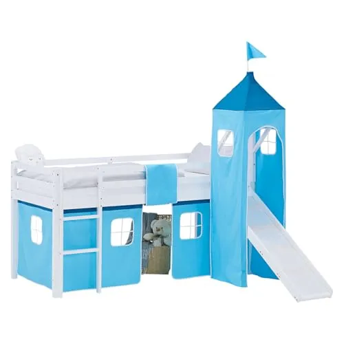 Homestyle4u Hochbett, Blau, Weiß, 90x200 cm - Abenteuer für Kinderzimmer - Hochbett mit Rutsche und Zelt-Turm, ideal für Kinderzimmer. Stabile Umrandung und flexibler Aufbau sorgen für Sicherheit und Spaß beim Spielen.