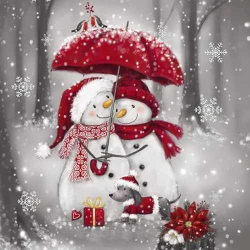 Servietten Winter Schneemänner mit Regenschirm als Tischdeko. Papierservietten mit Motiv für Weihnachten Schneemann elegant. Auch für Decoupage und Serviettentechnik 33x33cm 20