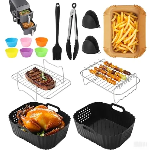 Stück HeißluftfritteuseZubehör Set,für Ninja Double Stack XL SL400EU 9.5L,Silikonform heißluftfritteuse für Ninja AF400EU AF300EU 7.6 L-9.5 LDual Zone Heißluftfritteuse -Backform/Rack/Backpapier 15