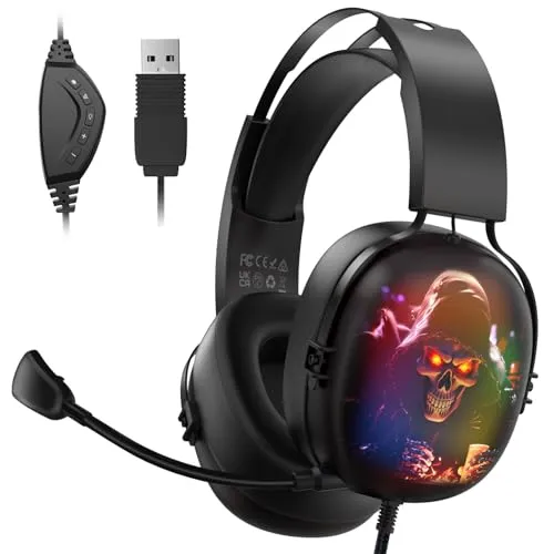 Gvyugke Gaming Headset 7.1 Surround Sound, Gaming Headset für PC, Laptop, USB Headset mit Mikrofon Kabel, Gaming Kopfhörer mit RGB Light für PS5 Konsole