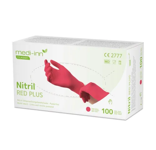Medi-Inn Nitril-Handschuhe Nitril Red Plus XL - Puderfrei - Arbeits- & Schutzkleidung, unsterile Nitril-Handschuhe in XL, fingertexturiert und latexfrei mit AQL 1.5 für hohe Sicherheit und Komfort bei der Anwendung.